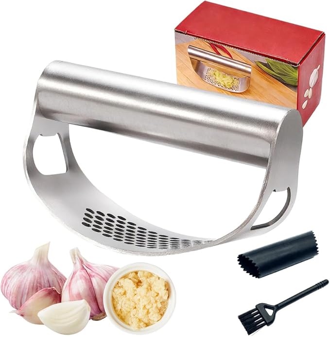 Kruggo Garlic Press Rocker, Stainless Steel Garlic Crusher, Mincer and Chopper with Peeler and Cleaning Brush, Comfortable Grip & Effortless Smashing, Essential Kitchen Tools (Crusher+Peeler- 2PCS)