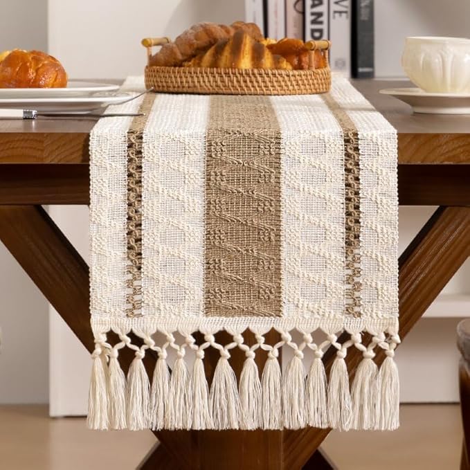 Boho Woven Cotton Linen Table Runner Brown & Ivory 11"x108" with Tassels Rustic Macrame Farmhouse Table Runner for Summer Dining Room Wedding Kitchen Party