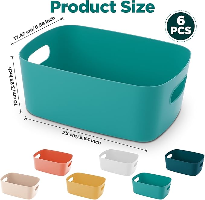 6 PCS Plastic Storage Bins – Multi-Purpose Organizer Bins with Handles for Kitchen, Bathroom, Pantry & Home Organization (White, Apricot, Dark Blue, Yellow, Light Green, Orange)