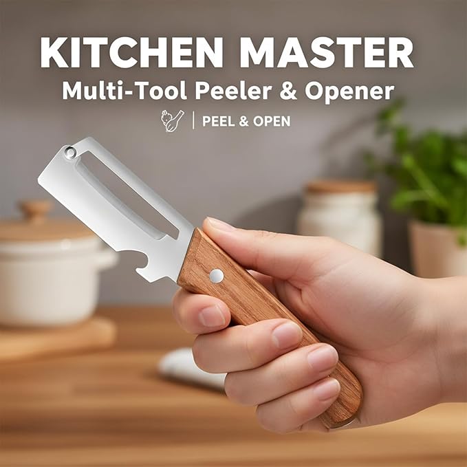 Sakerplus Multifunctional Vegetable Peeler, Ergonomic Wooden Handle Stainless Steel Blade, Contour-Flow for Kitchen Prep, Camping, and Outdoor Cooking (5 pc)