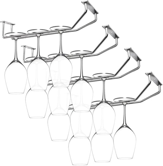 10.8 Inch Wine Glass Rack, Under Cabinet Wine Glass Holder, Chrome Finish Stemware Rack, Hanging Stemware Holder for Cabinet Kitchen Bar, Set of 4