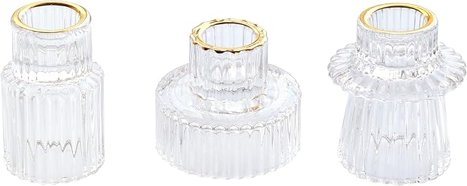 Vixdonos Taper Glass Candlestick Holders Tealight Candle Holders for Table Centerpieces, Wedding Decor and Dinner Party (3 Pcs, Gold Rim Clear)