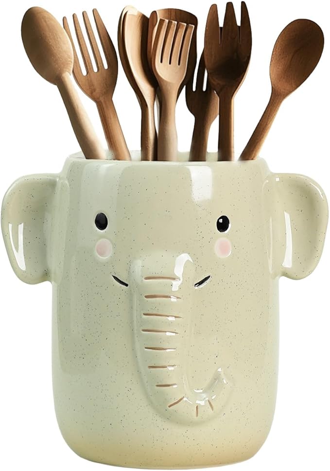 Ceramic Cartoon Animal Pattern Kitchen Utensil Holder, Large Cooking Utensil Crocks for Kitchen Countertop, Cartoon Style Utensil Organizer for Spatula, Kitchen, Home Decoration-Elephant