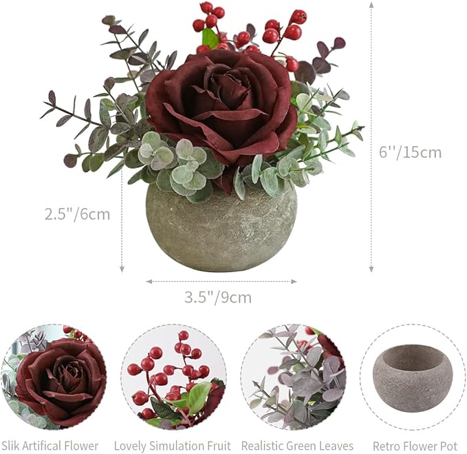 Small Artificial Burgundy Rose Potted Plant, 6" Fake Silk Flowers in 3.5" Round Pot, Mini Faux Floral Arrangement for Desk Shelf Bathroom Decor