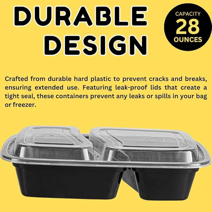 Meal Prep Containers 2‑Compartment 28 oz – 50‑Pack BPA‑Free Plastic Lunch Boxes – Microwave, Dishwasher & Freezer Safe – Airtight, Stackable Food Storage