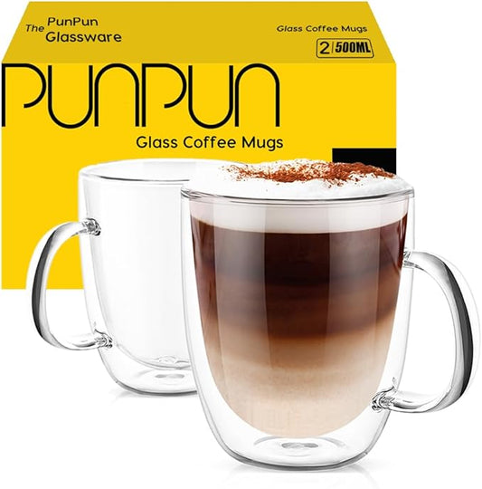 PunPun 17oz.500ml Large Coffee Mug,Double Walled Clear Mugs,Coffee Glass Cup, Heat Resistant Borosilicate Clear Glasses,Premium Glasses, Set of 2
