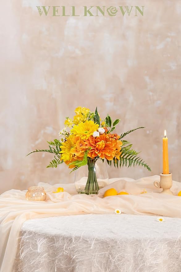 Artificial Flowers in Vase with Fake Water, Faux Silk Dahlia & Gerbera Daisy Flower Arrangements for Spring & Summer Home Wedding Birthday Wedding Party Dining Table Decor & Gift (Yellow & Orange)