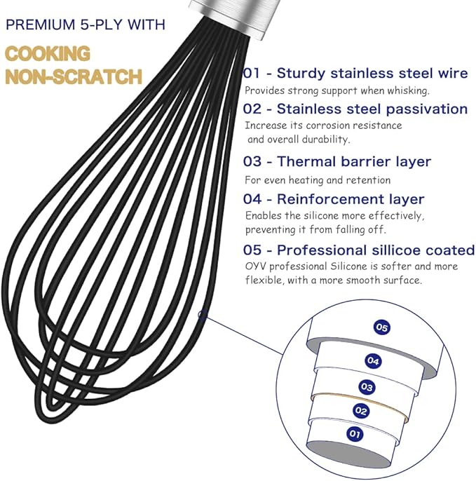OYV Silicone Whisk,3 pack Professional whisks for cooking non scratch,Stainless Steel & Silicone wisk,plastic rubber whisk for nonstick cookware,small silicone whisk set,black