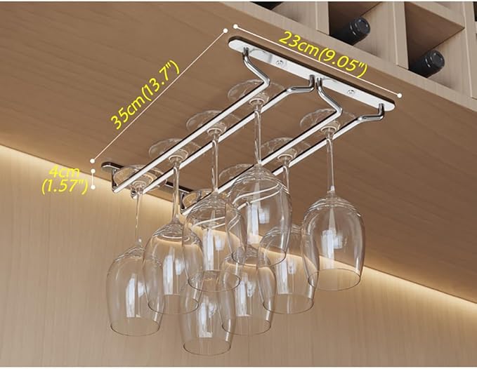 CAKERS Under Cabinet Hanging Stemware Display Rack|304 Stainless Steel Wine Glass Holder|Wine Glass Storage Organizer Hanger,2 Rows,35cm(13.7in)