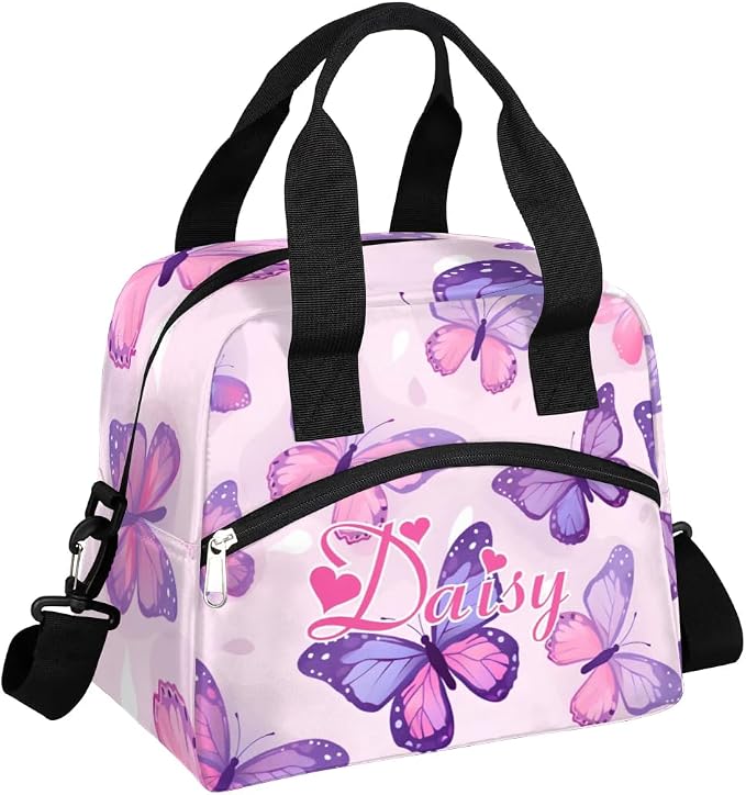 Personalized Butterfly Lunch-Bag for Women, Custom Insulated Cooler Lunch Box with Name, Leakproof-Reusable Lunch Tote Bag for Work Office Picnic - Pink Purple 2