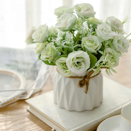 TKAS Fake Flowers Arrangement in Ceramic Vase, Artificial Faux Silk Roses, Small Realistic Dried-Style Floral, Dining Table Centerpiece for Wedding Party Home Decoration (Green)
