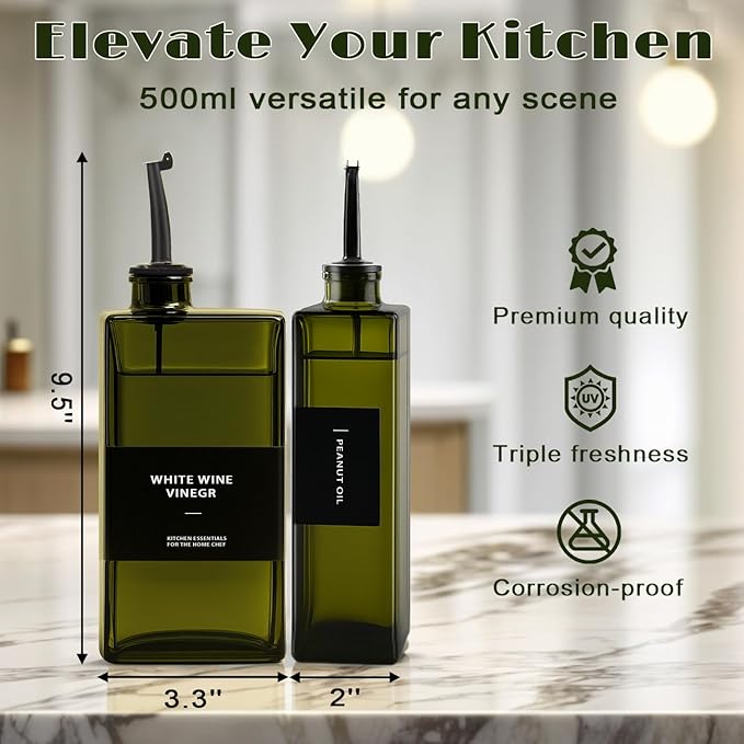 Olive Oil Dispenser Bottle for Kitchen- 16.9oz Oil Bottles UV Protection, Oil and Vinegar Dispenser Set, Drip-Free Pourer, Elegant Kitchen Essential- 16.9oz, Set of 2