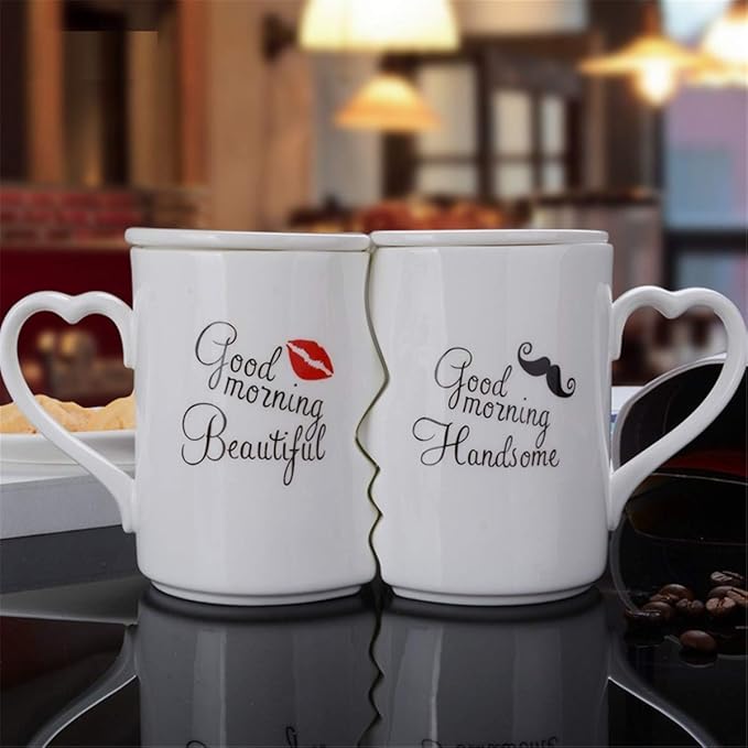 Creative Kissing Mugs Set, Ceramic Couple Coffee Mug with Lid - Good Morning Beautiful and Good Morning Handsome - 12 OZ White Tea Cup Set for Anniversary, Wedding, Birthday Gift