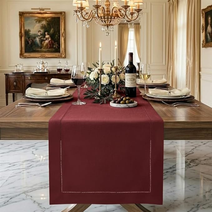 Signature Linen™ by D'Moksha Red Garnet Table Runner 108 Inches Long, 100% Pure Linen, Hemstitch, 14 x 108 Inch Table Runner for Dresser, Dining- Summer, Father's Day