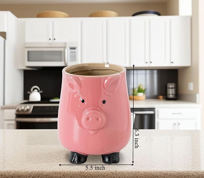 Pig Ceramic Kitchen Utensil Holder For Kitchen Counter Pink Utensil Crock For Countertop, Cute Farmhouse Kawaii Storage Organizer For Forks, Spoons & Cooking Tools