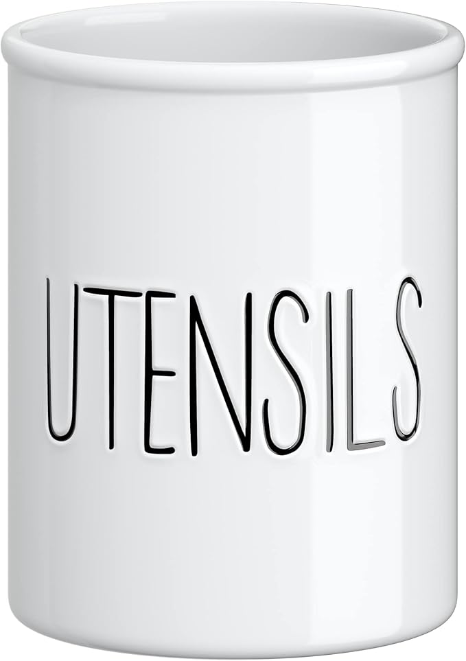 Barnyard Designs Ceramic Farmhouse Kitchen Utensil Holder for Countertop, Decorative Kitchen Utensil Crock for Counter, Spatula Holder, 7" (White)