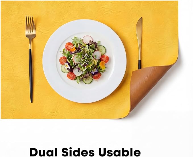 Artoid Mode Yellow Faux Leather Placemats Set of 4, 12x18 Inch Waterproof Wipeable Heat Resistant Vinyl Place Mats, Reversible Table Mats for SummerKitchen Dining Decor
