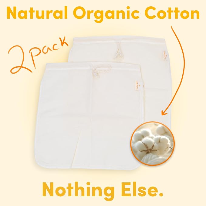 (2-Pack, Large 12in x 12in) Cold Brew Coffee Filter Bag for Mason Jar, Reusable, 100% Organic Cotton Cloth with Drawstrings, For Straining Coffee, Tea, Nuts, Milk, Cheese, 2 Pack