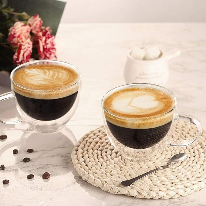 ecooe Double Walled Glass Coffee Mug 12 oz Latte Cappuccino Cups Set of 2, Clear Glass Coffee Cups with Handle, 350 ml Insulated Coffee Cup Borosilicate Heat Resistant Glass Mug Tea Cup