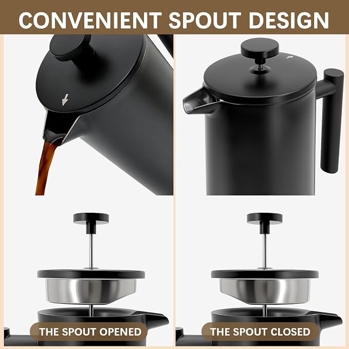 French Press Coffee Maker, 304 Grade Stainless Steel French Press with 2 Extra Filters for Home, Office, Travel, Camping - 34OZ/2 Litre (Black)