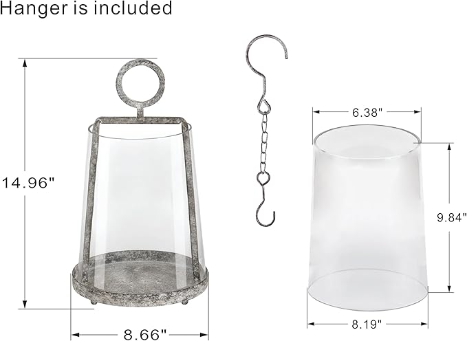 9" Wide Modern Farmhouse Metal Hurricane Candle Holder with Handmade Sturdy Glass Sleeve in Rustic Black for Pillar Candle & Plants, Glass Hurricane Lantern, Industrial, Minimalistic