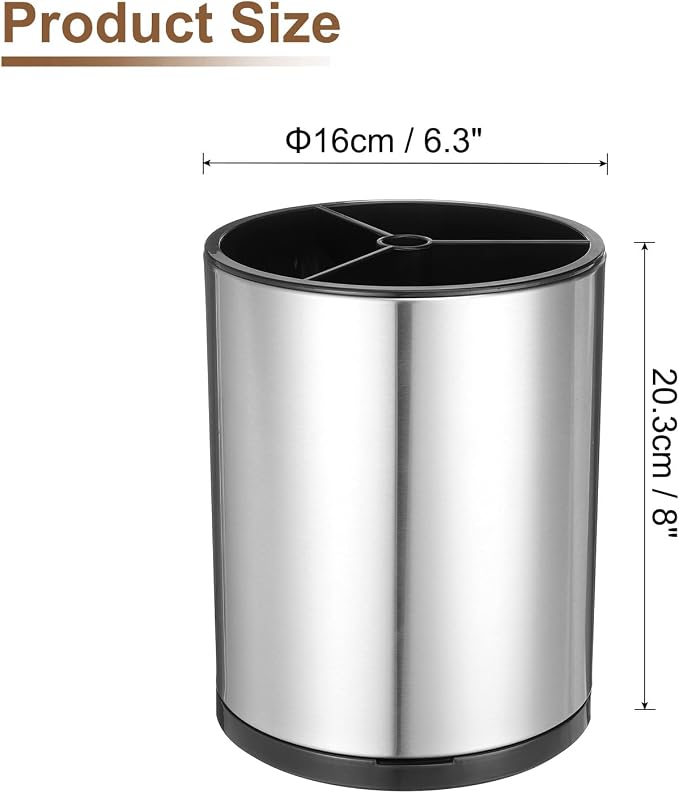 uxcell Kitchen Utensil Holder, Stainless Steel 360° Rotating Cylinder Partition Storage Cooking Utensil Holder 3 Compartment 6.3" Caddy Flatware Countertop Organizer, Silver Tone