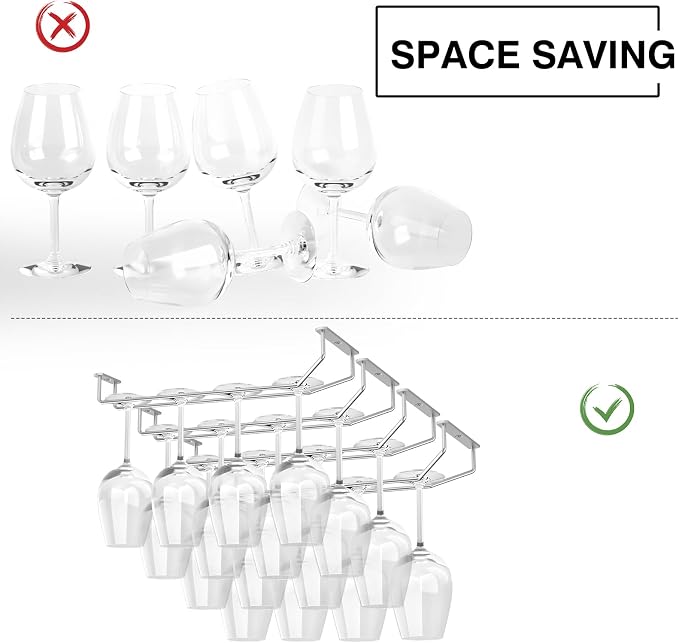 FOMANSH 14-Inch Under Cabinet Wine Glass Holder - Metal Stemware Hanger, Single Rail Wine Glass Hanging Rack for Kitchen Bar - Set of 4
