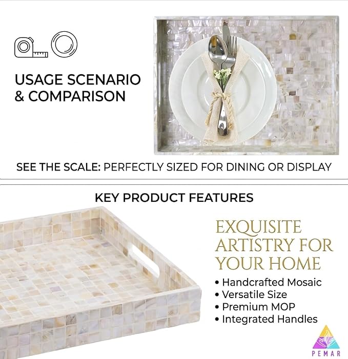 PEMAR Rectangular Mother of Pearl Serving Tray Nacre Wood Lap Ottoman Tray for Coffee Table, Luxury Decorative Handmade Eating Platters w Insert Handles (White Cream)
