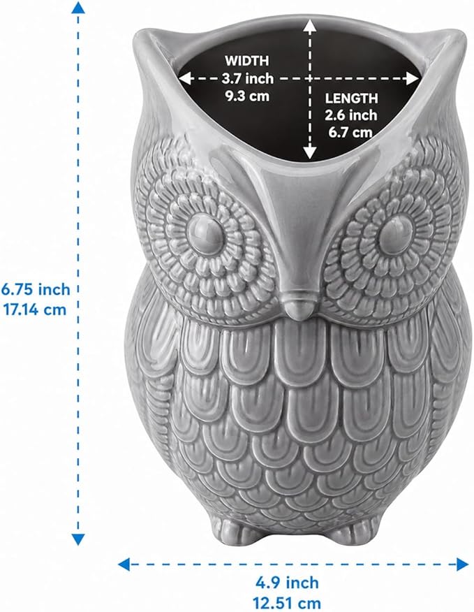 Comfify Owl Utensil Holder Decorative Ceramic Cookware Crock & Organizer, in Lovely Grey Color - Utensil Caddy and Perfect Kitchen Ceramic Decor Gift - 5" L x 7" H x 4" W