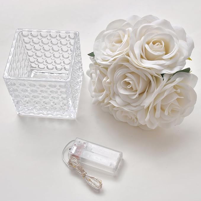 Fule Artificial Silk Rose Flower Centerpiece Arrangement in Glass Vase with LED Light for Home Wedding Decoration (Ivory)