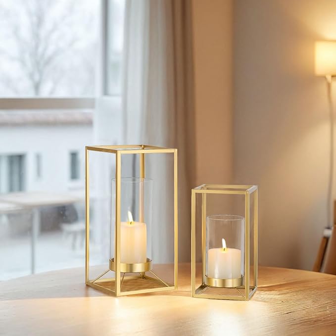 Gold Lantern Decorative Indoor: Set of 2 Wedding Lanterns with Hurricane Glass Modern Candle Holder for Table Centerpiece Fireplace Mantles Kitchen