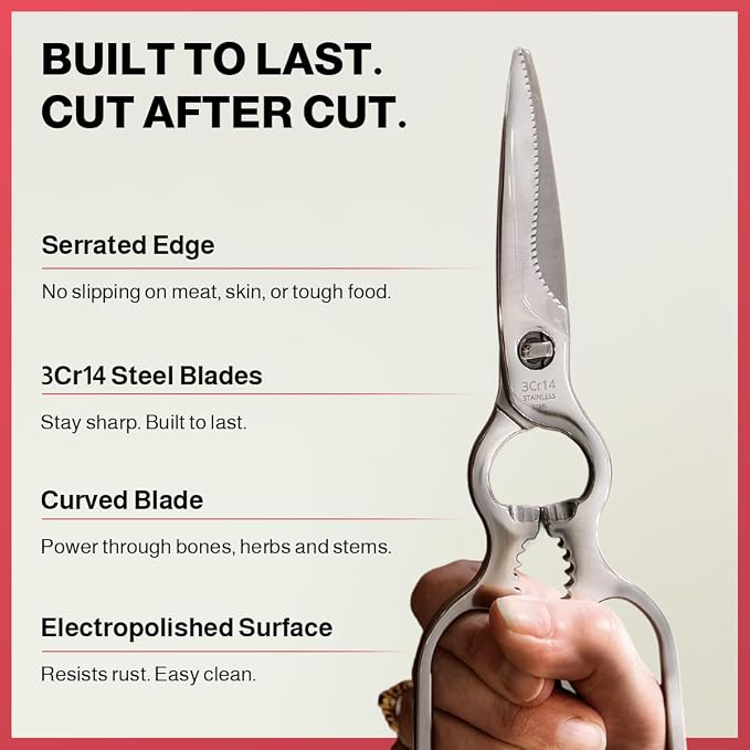 Heavy Duty Kitchen Scissors for Food — All Purpose Cooking Scissors, All Stainless Steel, No Plastic, Come-Apart Blades for Easy Cleaning, Dishwasher Safe, 5-in-1 Multi-Tool