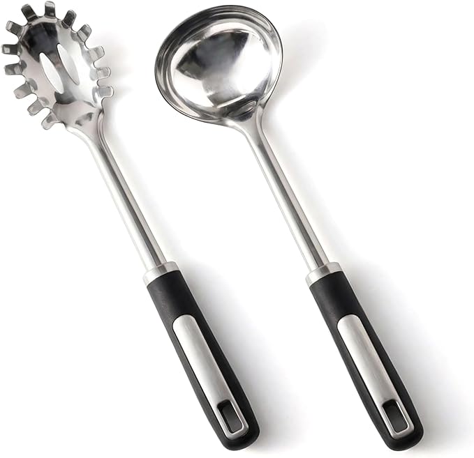Stainless Steel Ladle and Pasta Server Set, Food-Grade Thickened Metal Soup Ladle & Spaghetti Spoon with Non-Slip Handles, Durable Cooking Utensils for Pasta, Soup & Everyday Kitchen Use