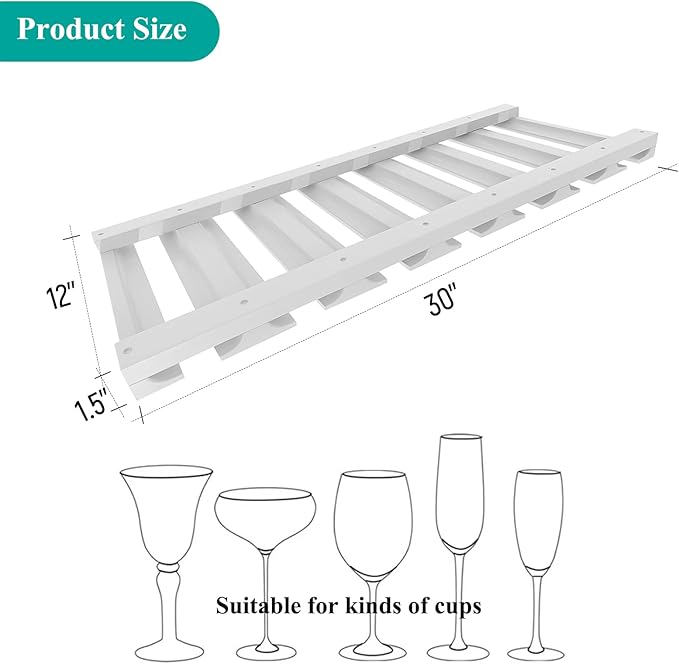 Wine Glass Holder Under Wall Cabinet,Glass Organization for Kitchen and Bar, Wall Mounted, RTA, White Shaker, Painted, 7 Section (White, 30" W X 1.5" H X 12" D)