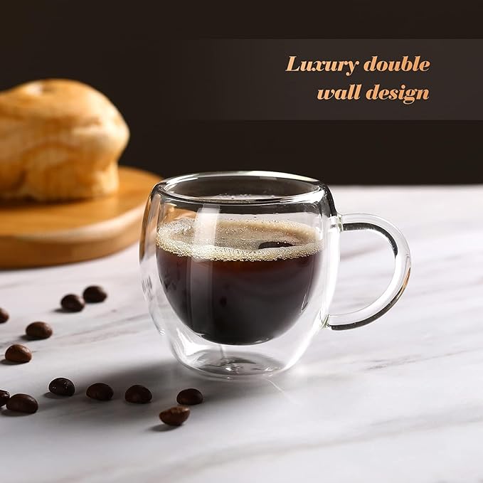 Espresso Cups Set of 2 With Handle,2.5oz Clear Expresso Shots Cup,Espresso Shot Glasses,Double Wall Insulated Expresso Mugs,Tazas de Cafe Expreso,Microwave Dishwasher Safe,Suit for Espresso Machine