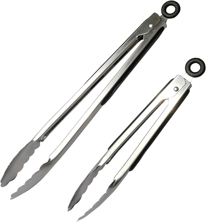 ALLTOP Metal Cooking Tongs,Stainless Steel Food Tong with No-slip Silicon and Locking Ring for Kitchen - 9 &12 inch,Set of 2-Black