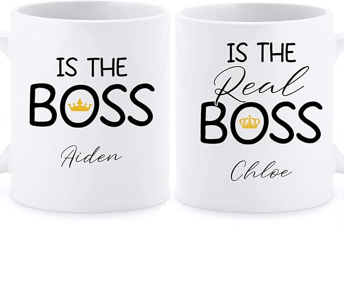 Personalized Couple Coffee Mug Cup Gifts For Husband And Wife, The Real Boss Mug Set, Couples Porcelain Mug, Lover Mug, Custom Name Mugs, Cup Gift For Him And Her, Set Of 2 White 11oz Or 15oz