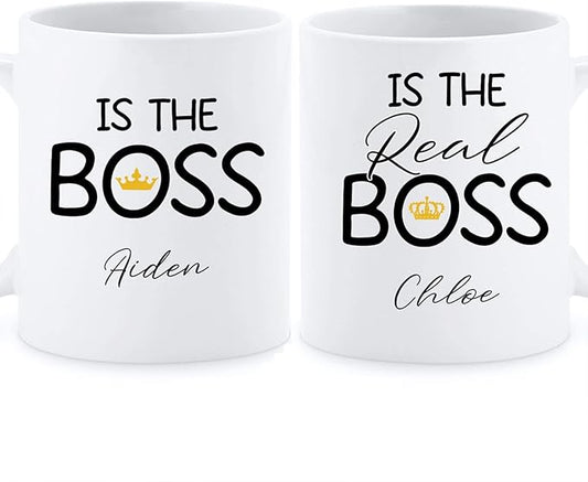 Personalized Couple Coffee Mug Cup Gifts For Husband And Wife, The Real Boss Mug Set, Couples Porcelain Mug, Lover Mug, Custom Name Mugs, Cup Gift For Him And Her, Set Of 2 White 11oz Or 15oz