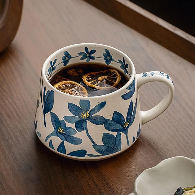 Elegant Floral Ceramic Mug ，Blue Flower Design mug with Handle, Unique Watercolor Flower Design Tea Mug for Home & Office，Microwave safety (Blue 2 Set)