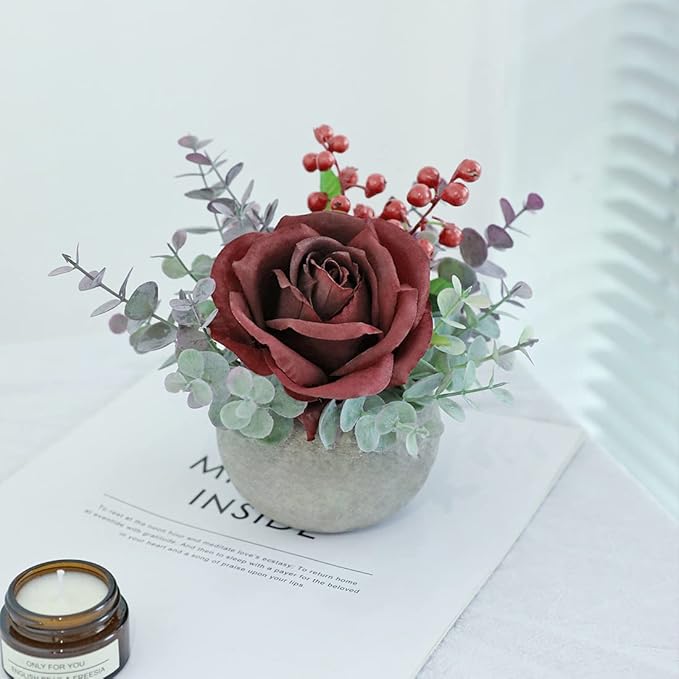 Small Artificial Burgundy Rose Potted Plant, 6" Fake Silk Flowers in 3.5" Round Pot, Mini Faux Floral Arrangement for Desk Shelf Bathroom Decor
