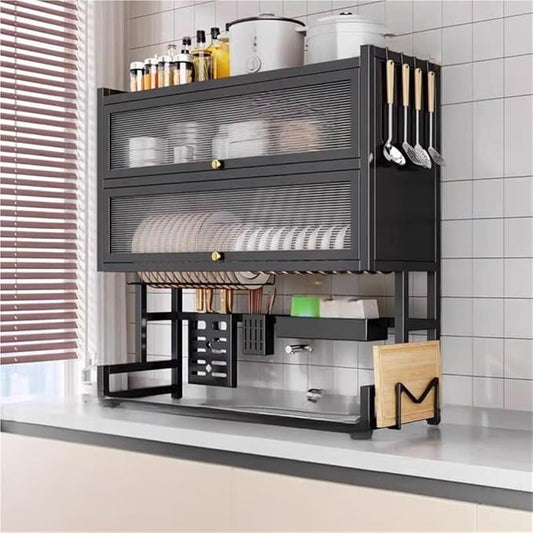 GHuBafy 2-Tier Over The Sink Dish Drying Rack with Cover, Kitchen Storage Organizer Dish Rack Above, Sink Rack for Countertop Space Saving, Multifunctional Plate and Bowl Organizer(85cm/33.5in)