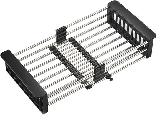 Dish Drying Rack, Over The Sink Dish Drying Rack, Stainless Steel Drainer with Adjustable Arms Holder Functional Kitchen Sink Organizer for Vegetable and Fruit, Black