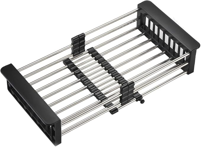 Dish Drying Rack, Stainless Steel Dish Drainer with Adjustable Arms Holder Functional Kitchen Sink Organizer for Vegetable and Fruit, Black Large