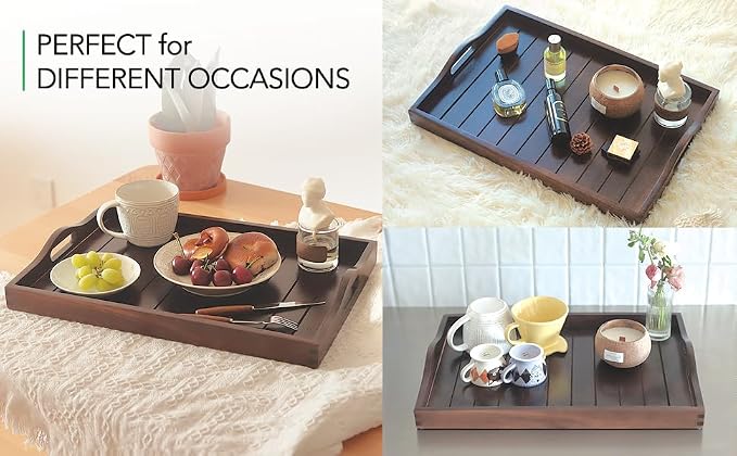 Large Acacia Wooden Serving Tray with Handles 20 x 14 inch Decorative Coffee Table Ottoman Tray for Living Room Extra Large for Kitchen Dinner Food Bar Breakfast in Bed (Dark Brown)
