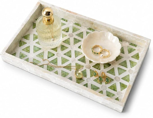 Mother of Pearl Inlay Wooden Tray – Handmade Decorative Rectangle Serving Tray for Coffee Table, Kitchen, Bathroom, Vanity or Living Room Decor, Geometric