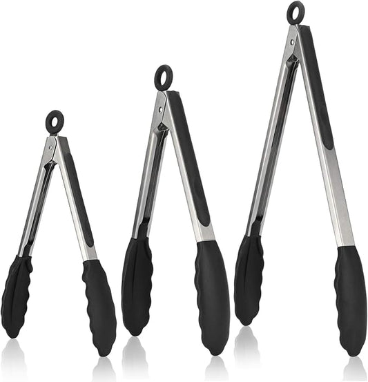 Kitchen Tongs, U-Taste 7/9/12 inches Cooking Tongs, with 600ºF High Heat-Resistant Non-Stick Silicone Tips, 18/8 Stainless Steel Handle, for Food Grill, Salad, BBQ, Frying, Serving, Pack of 3(Black)