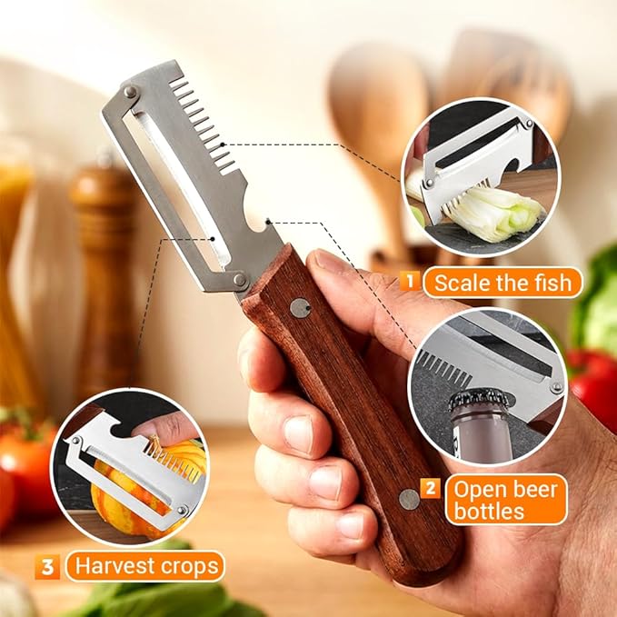Multifunctional Vegetable Peeler for Kitchen, 2026 New 2 in 1 Stainless Steel Blade with Wooden Handle and Bottle Opener, Ultra-Sharp Kitchen Tool for Fruits and Vegetables (1)