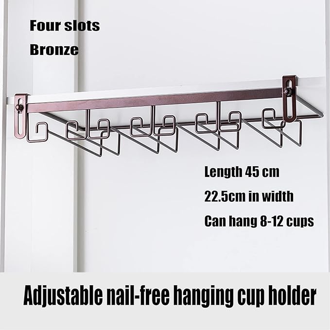 Hanging Wine Glass Rack Black Adjustable, Solid Iron Wine Glasses Hanger, Metal Under Cabinet Stemware Rack 3 Rows, 4 Rows, Convenient Storage And Space-saving