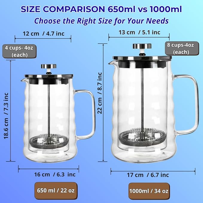 Wavy Glass French Press Coffee Maker 22oz – Cute Small French Press – Double-Wall Borosilicate Coffee Press with Stainless Steel Filter – Manual Coffee Brewer & Tea Press