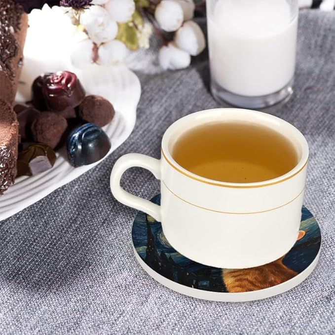 Ceramic Stone Cork Coasters for Drinks Tableware, Orange Cat Gazing at Starry Night Round Absorbent Durable Aesthetic Art Cup Mat Protects Tables and Surfaces Set of 1 (4 * 4 Inch)